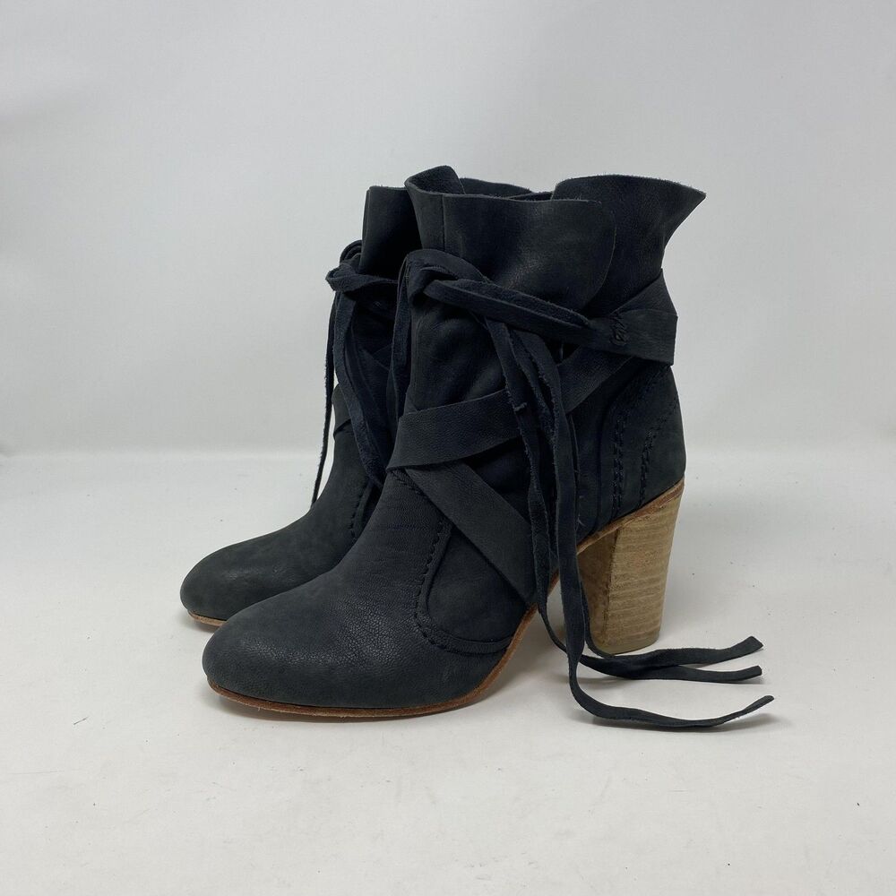 Free People Boots Womens Size 6 Black Suede Wrap Ankle Stacked Heel Booties
